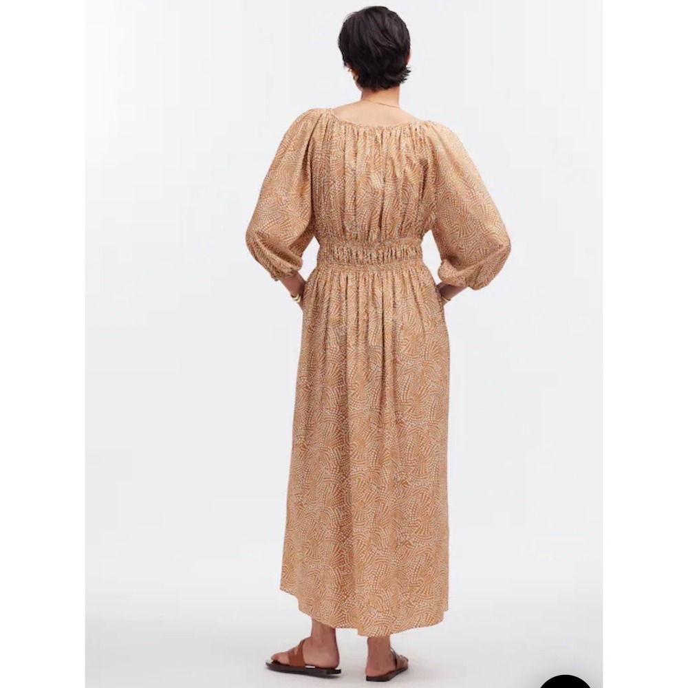 Madewell Vneck Balloon Sleeve Smocked Waist Maxi Dress Dotted Brown White Size 6 - Picture 8 of 12